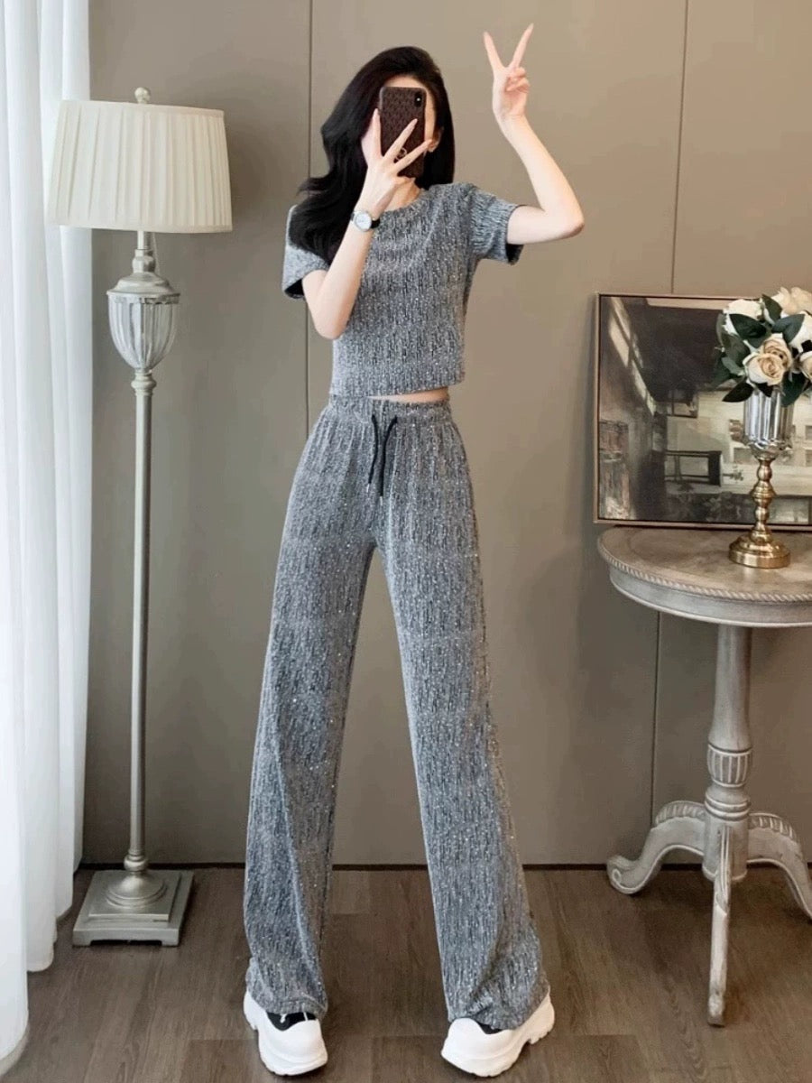 2024 Sports Suit Women's Summer European Hot Style Fashionable Slim Design Leaky Waist Top Wide Leg Pants Two-piece Set