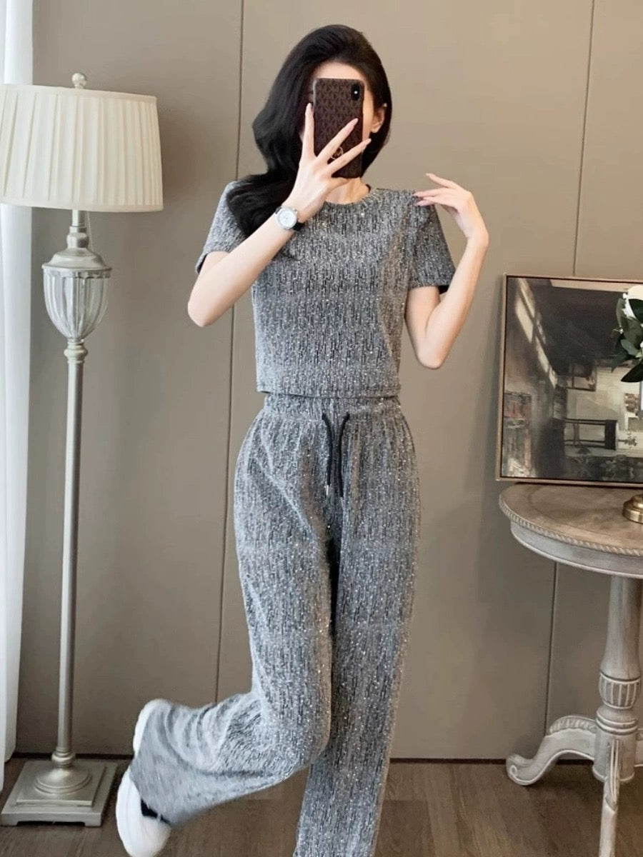 2024 Sports Suit Women's Summer European Hot Style Fashionable Slim Design Leaky Waist Top Wide Leg Pants Two-piece Set