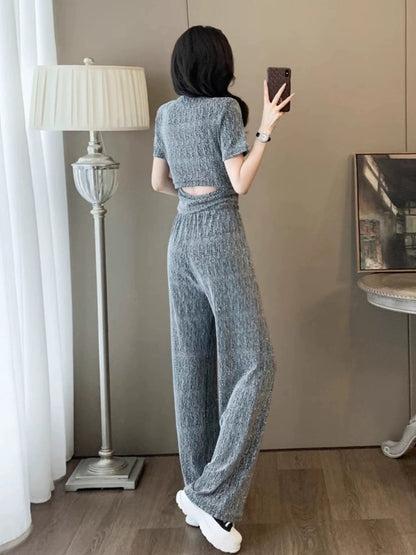 2024 Sports Suit Women's Summer European Hot Style Fashionable Slim Design Leaky Waist Top Wide Leg Pants Two-piece Set