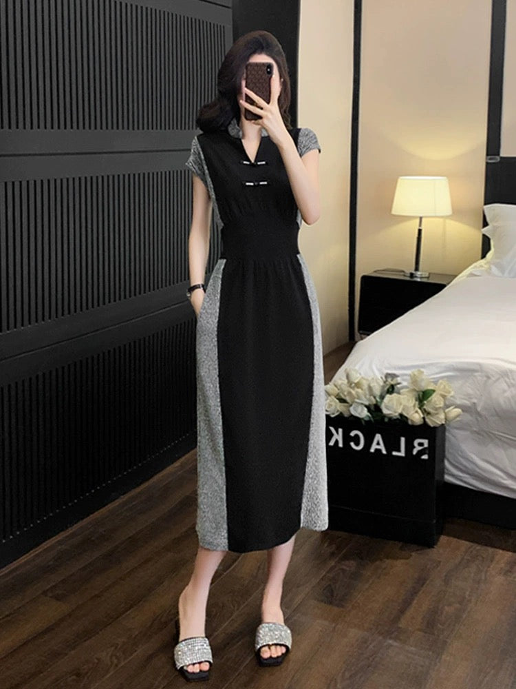 Black new Chinese style v-neck dress, summer temperament, waist slimming, super good-looking mid-length casual skirt