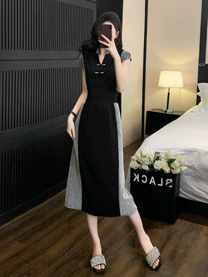 Black new Chinese style v-neck dress, summer temperament, waist slimming, super good-looking mid-length casual skirt