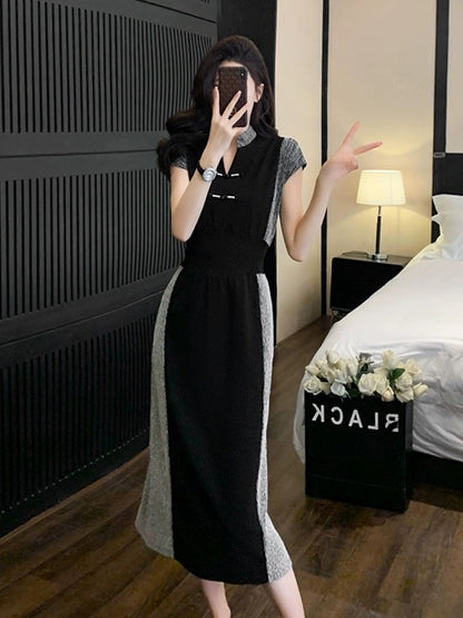 Black new Chinese style v-neck dress, summer temperament, waist slimming, super good-looking mid-length casual skirt