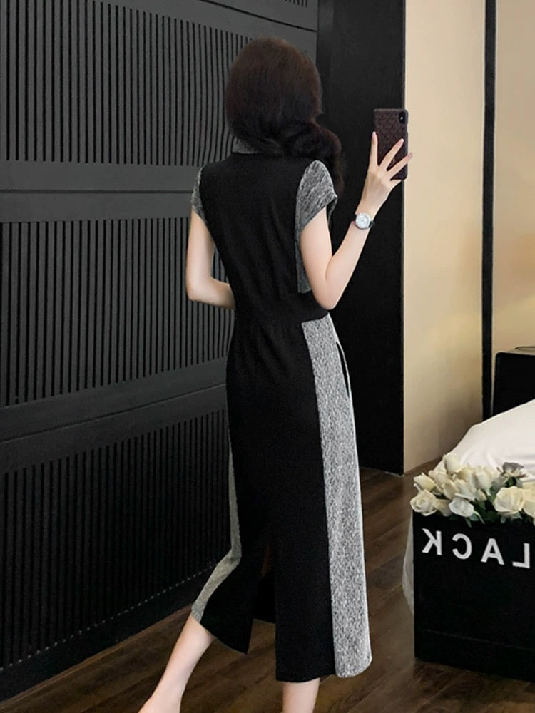 Black new Chinese style v-neck dress, summer temperament, waist slimming, super good-looking mid-length casual skirt