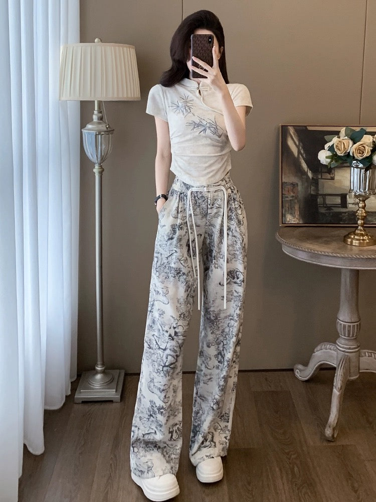 La Chapelle casual sports suit for women summer 2024 new new Chinese style short-sleeved T-shirt ink pants