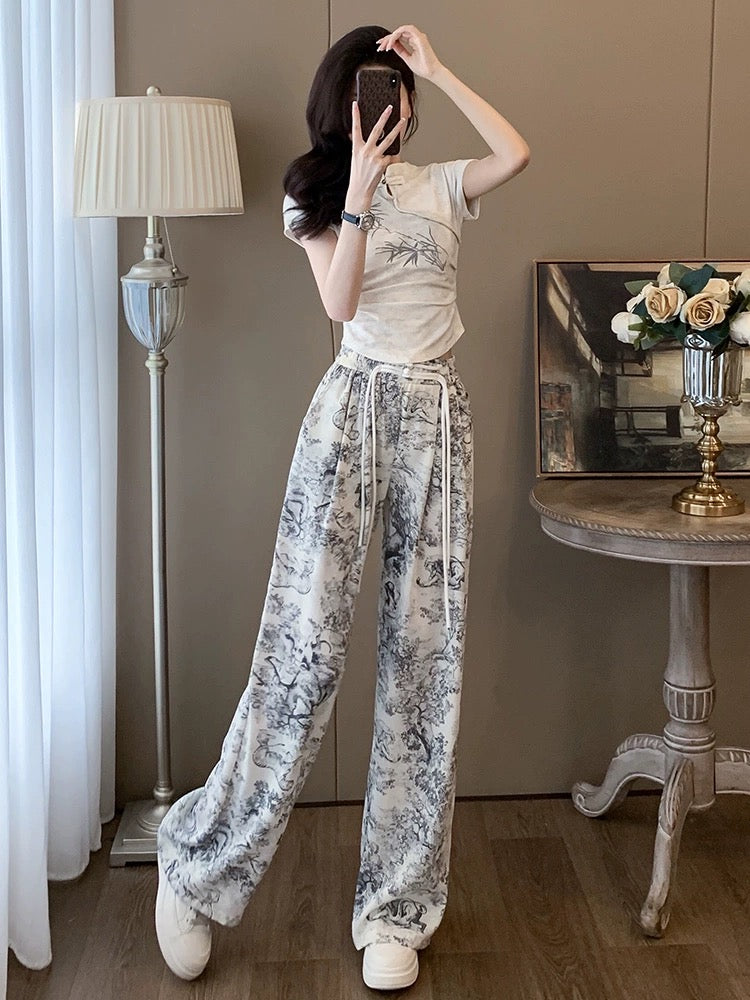 La Chapelle casual sports suit for women summer 2024 new new Chinese style short-sleeved T-shirt ink pants