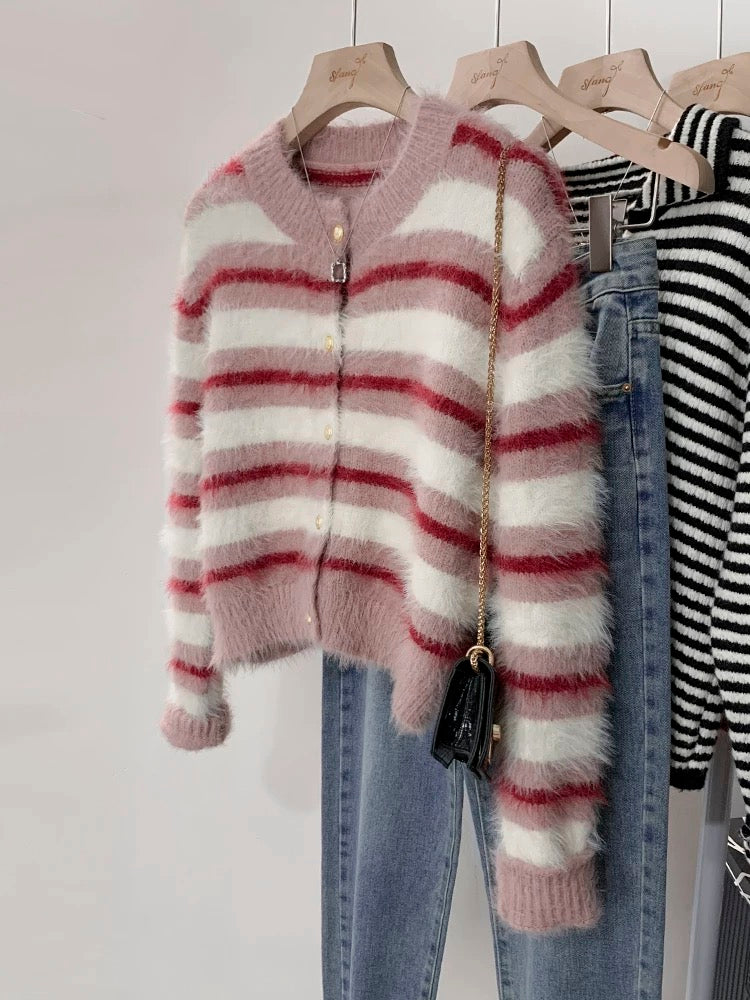 Striped mink velvet short sweater coat for women autumn and winter thickened 2024 new popular mohair cardigan top