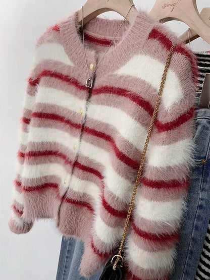 Striped mink velvet short sweater coat for women autumn and winter thickened 2024 new popular mohair cardigan top