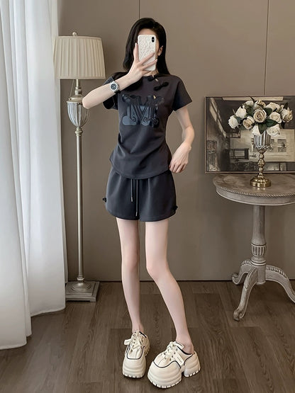 La Chapelle casual sports suit for women summer 2024 new style printed high-end gray short-sleeved T-shirt shorts