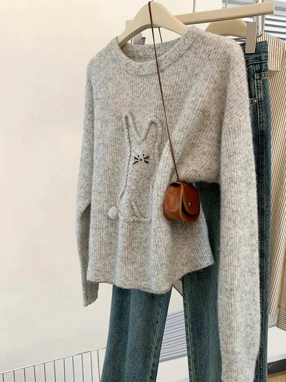 Gray round neck pullover sweater for women in autumn and winter, outer wear and inner wear 2024 new small lazy knitted top