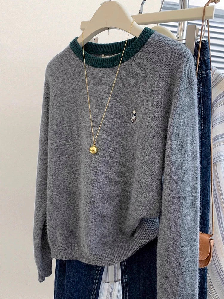 Gray round neck pullover sweater for women in autumn and winter, 2024 new loose and lazy style knitted sweater top for outer wear and inner wear