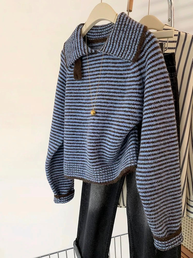 Striped lapel pullover short sweater for women in autumn and winter, outer wear and inner wear 2024 new knitted top for small people