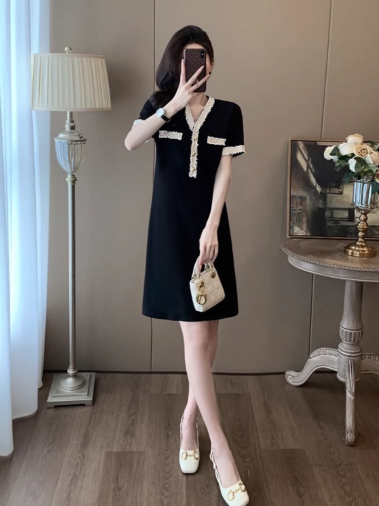 La Chapelle French light luxury floral design dress women's summer 2024 new slim slim black skirt