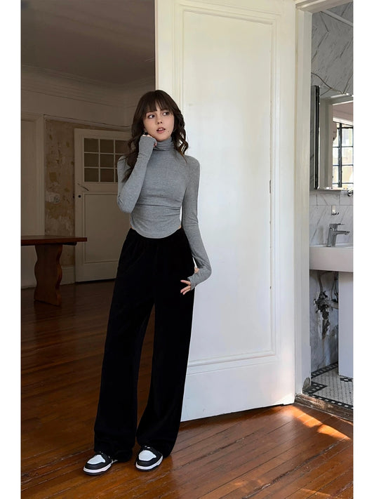 NEVA HU black knitted casual pants for women, loose wide-leg pants, lazy style, warm plush straight pants