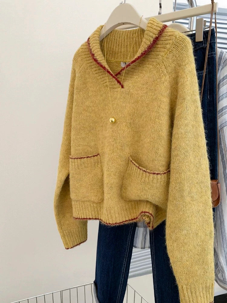 Yellow lapel pullover sweater for women in autumn and winter, outer wear and inner wear 2024 new popular style lazy style knitted top