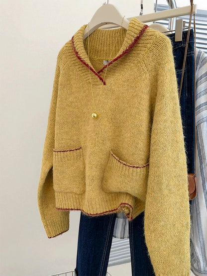 Yellow lapel pullover sweater for women in autumn and winter, outer wear and inner wear 2024 new popular style lazy style knitted top