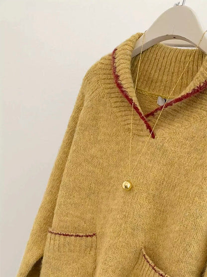 Yellow lapel pullover sweater for women in autumn and winter, outer wear and inner wear 2024 new popular style lazy style knitted top