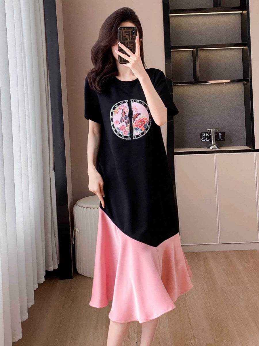 New Chinese style national style spliced cotton dress for women 2024 summer new style buckle embroidery mid-length skirt for age reduction and slimming