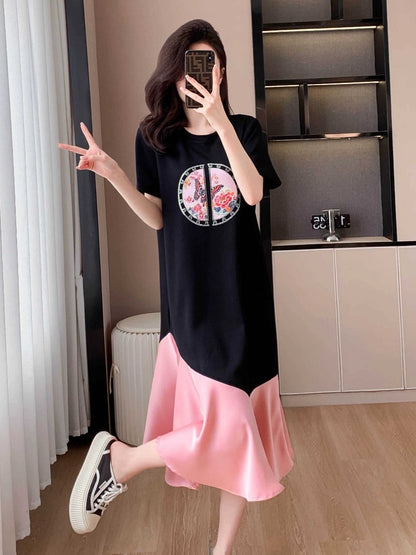 New Chinese style national style spliced cotton dress for women 2024 summer new style buckle embroidery mid-length skirt for age reduction and slimming