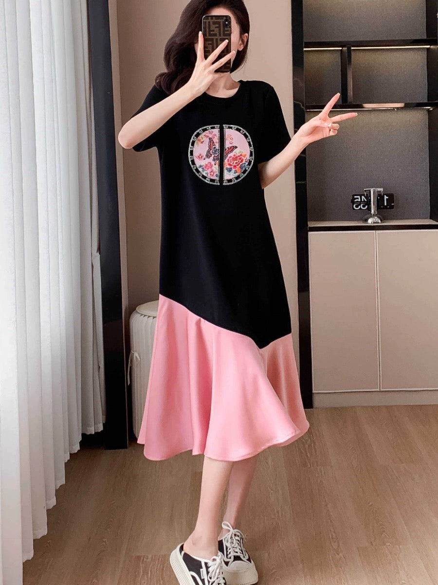 New Chinese style national style spliced cotton dress for women 2024 summer new style buckle embroidery mid-length skirt for age reduction and slimming