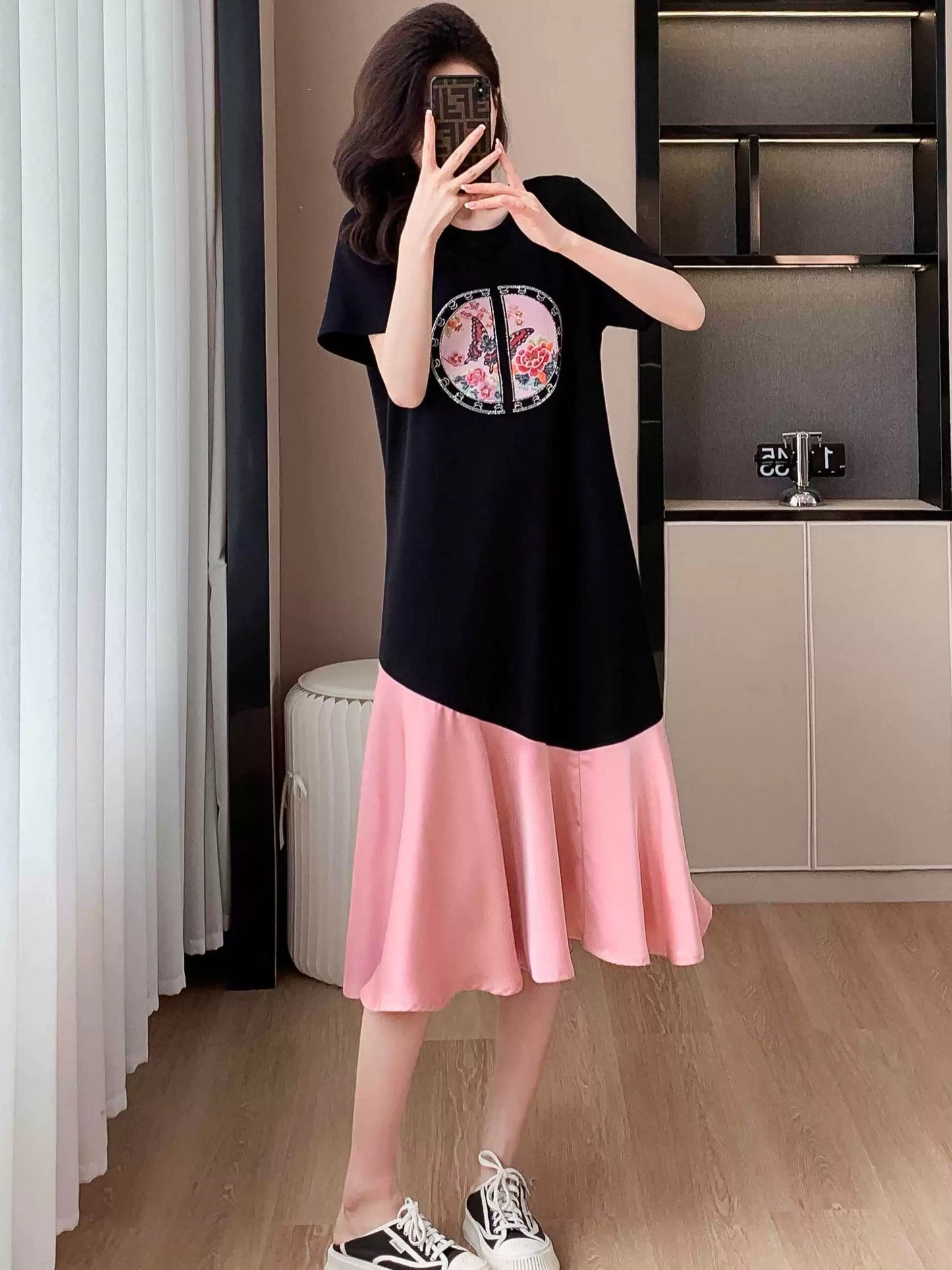 New Chinese style national style spliced cotton dress for women 2024 summer new style buckle embroidery mid-length skirt for age reduction and slimming