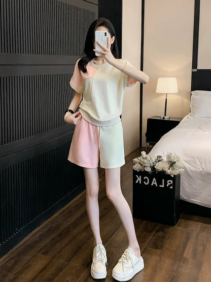 Casual sports suit for women summer 2024 new Korean style fashionable and slimming short-sleeved shorts two-piece set