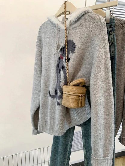 Gray pullover hooded sweater for women autumn and winter thickened outer wear 2024 new loose lazy style knitted sweater top