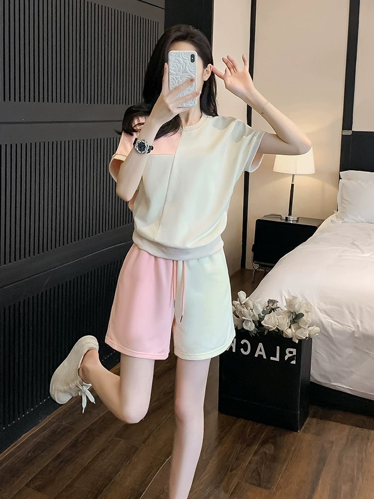 Casual sports suit for women summer 2024 new Korean style fashionable and slimming short-sleeved shorts two-piece set