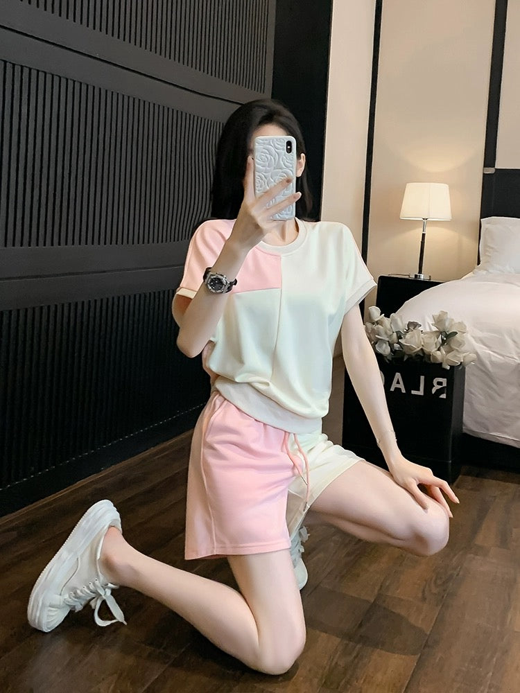 Casual sports suit for women summer 2024 new Korean style fashionable and slimming short-sleeved shorts two-piece set