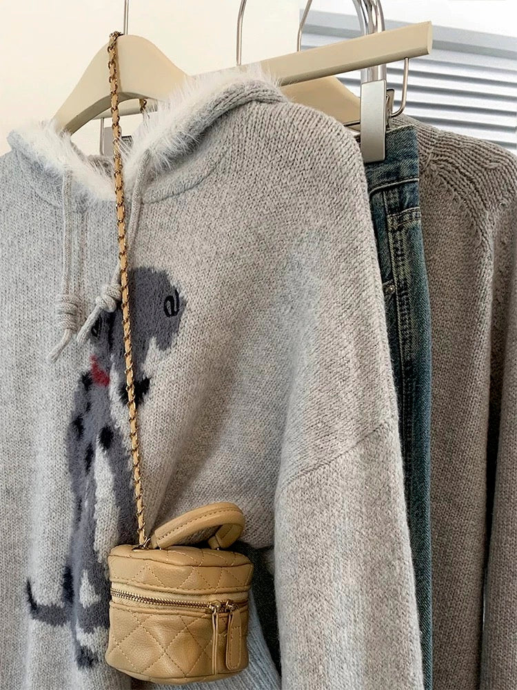 Gray pullover hooded sweater for women autumn and winter thickened outer wear 2024 new loose lazy style knitted sweater top