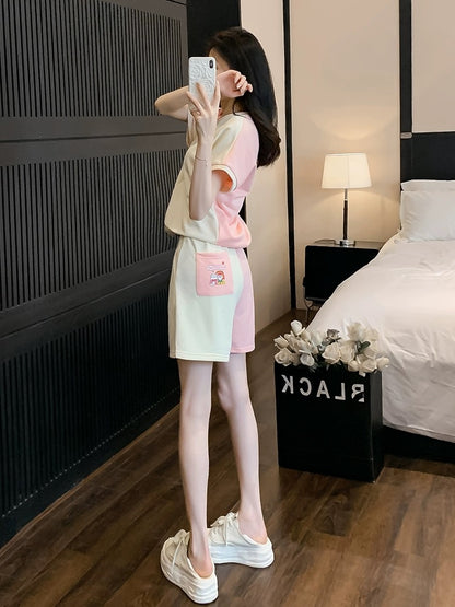 Casual sports suit for women summer 2024 new Korean style fashionable and slimming short-sleeved shorts two-piece set