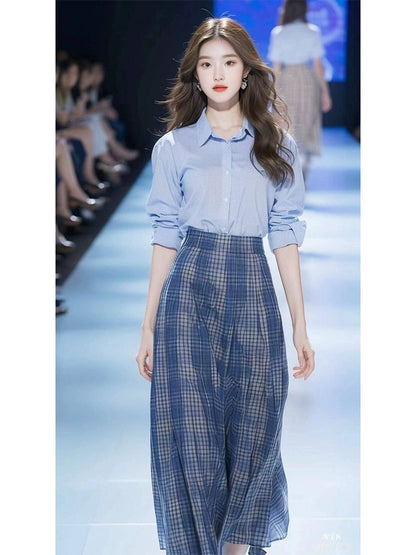 Chic and beautiful blue shirt plaid skirt spring outfit with a complete set of high fashion suits 2024 new style