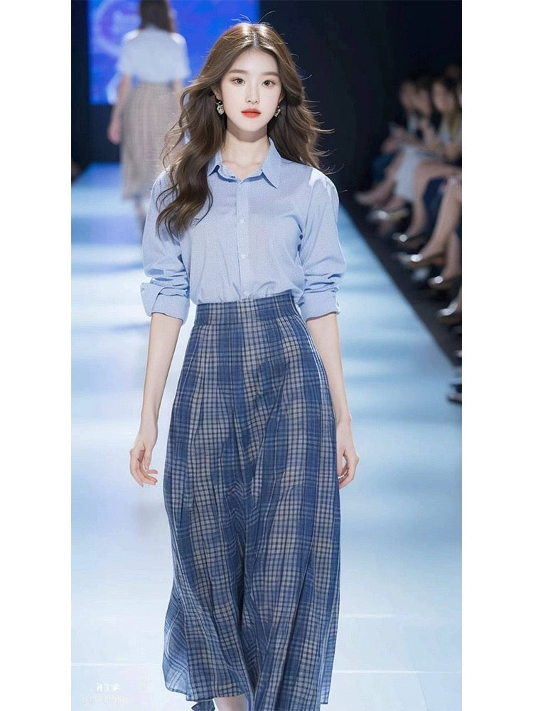 Chic and beautiful blue shirt plaid skirt spring outfit with a complete set of high fashion suits 2024 new style