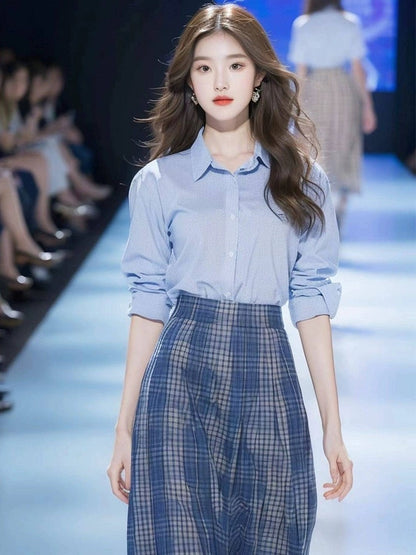 Chic and beautiful blue shirt plaid skirt spring outfit with a complete set of high fashion suits 2024 new style