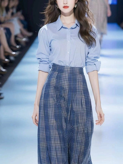 Chic and beautiful blue shirt plaid skirt spring outfit with a complete set of high fashion suits 2024 new style