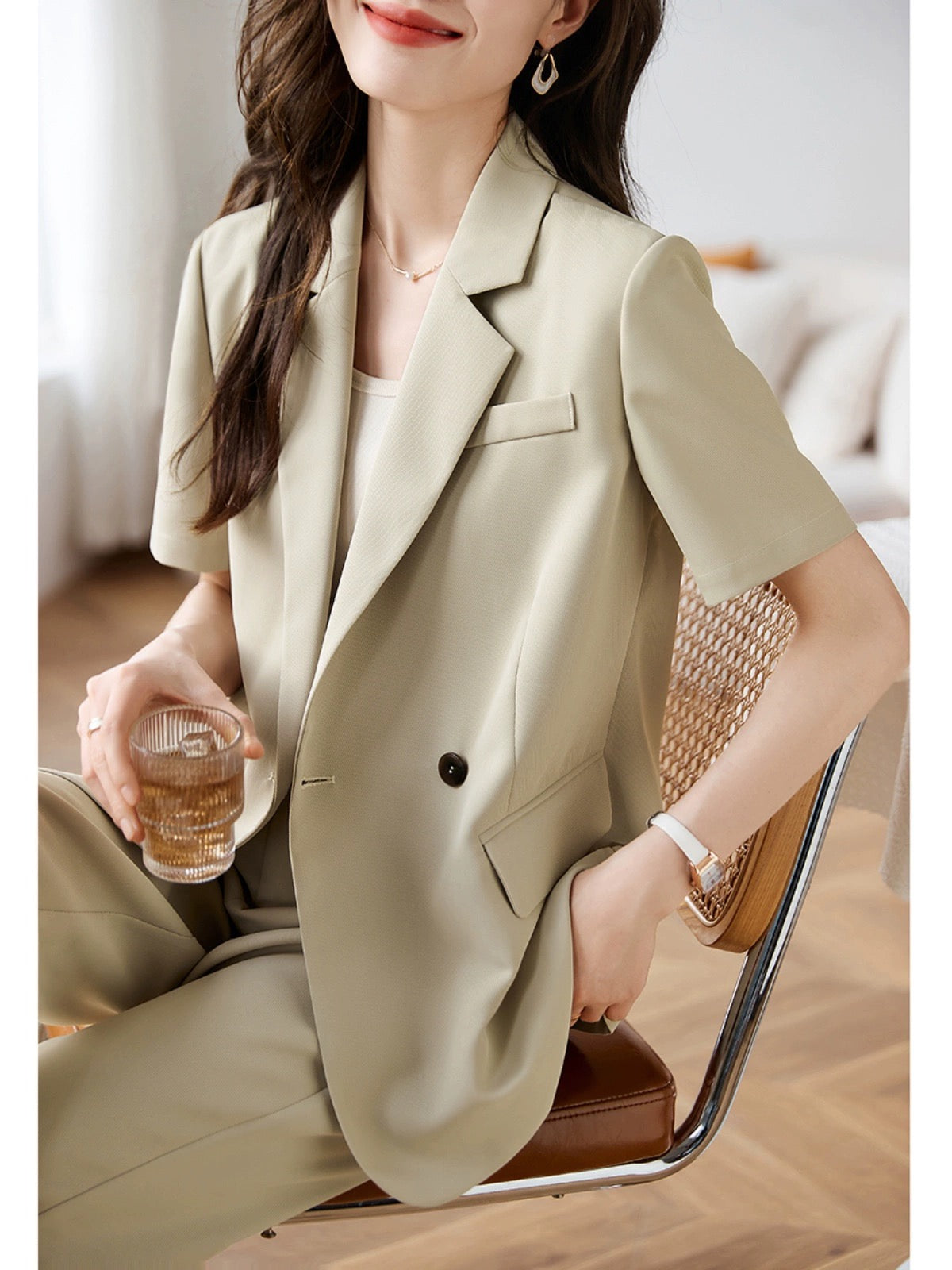 Mohan Yimei simple suit two-piece suit 23 new summer versatile solid color high-end texture drape twill suit for women