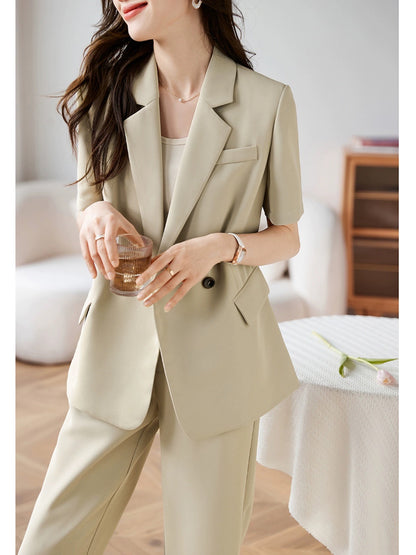 Mohan Yimei simple suit two-piece suit 23 new summer versatile solid color high-end texture drape twill suit for women