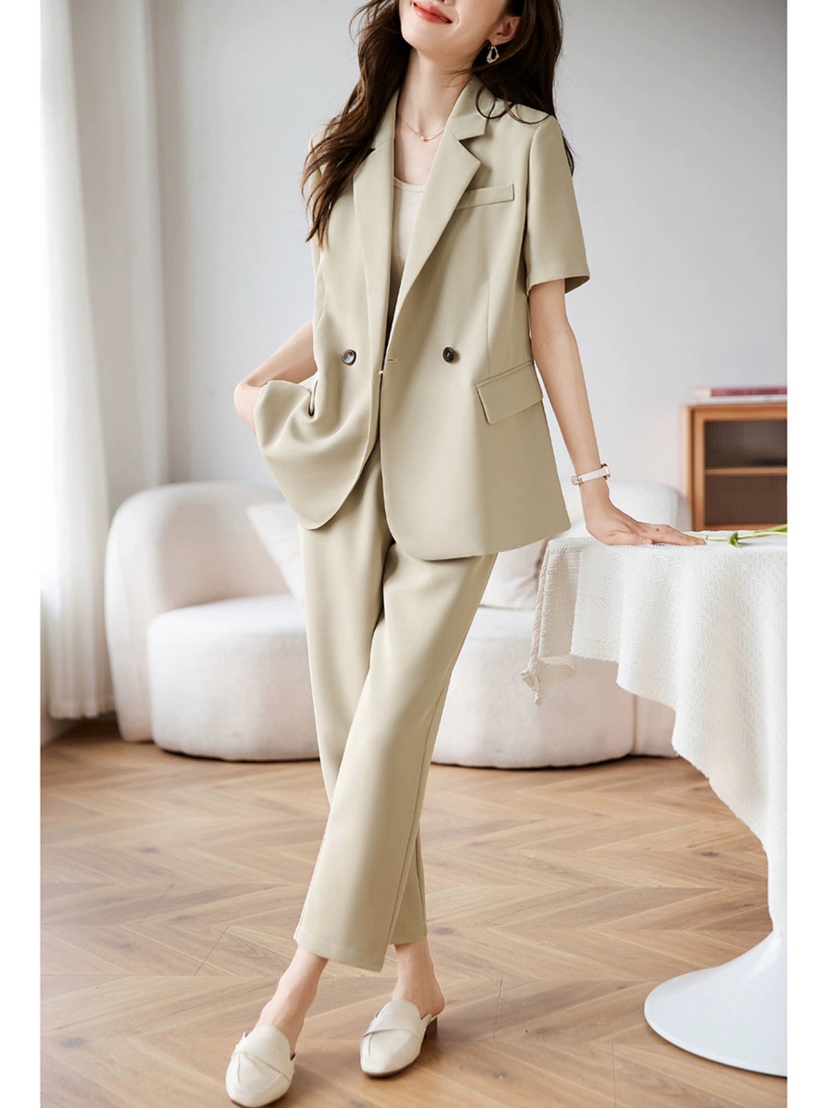 Mohan Yimei simple suit two-piece suit 23 new summer versatile solid color high-end texture drape twill suit for women