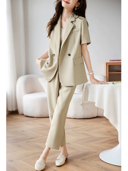 Mohan Yimei simple suit two-piece suit 23 new summer versatile solid color high-end texture drape twill suit for women