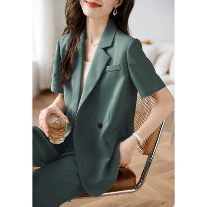 Mohan Yimei simple suit two-piece suit 23 new summer versatile solid color high-end texture drape twill suit for women