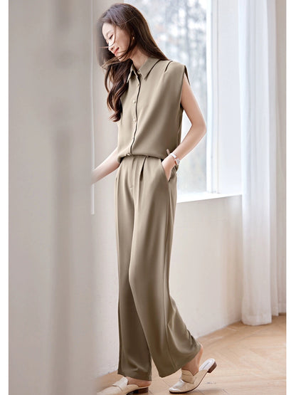 Mohan Yimei workplace commuting simple sleeveless shirt wide leg pants suit 2024 summer new style elegant suit