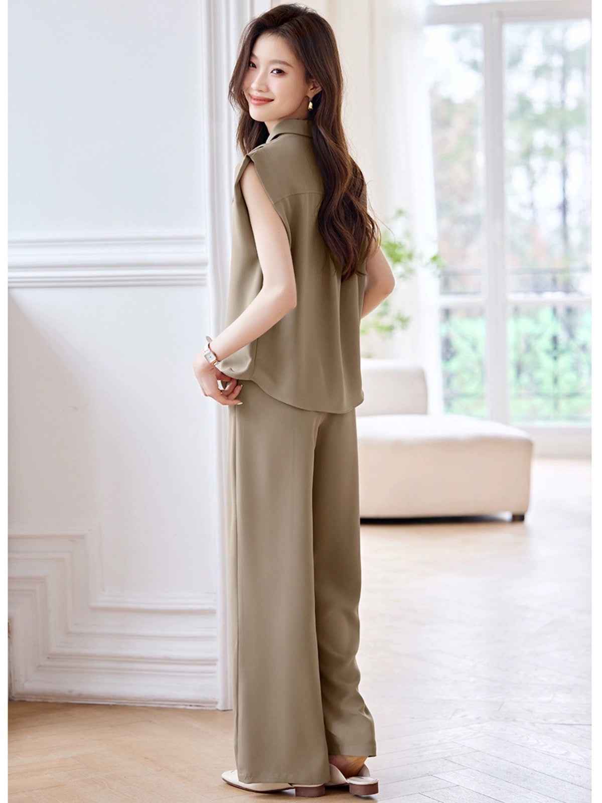 Mohan Yimei workplace commuting simple sleeveless shirt wide leg pants suit 2024 summer new style elegant suit