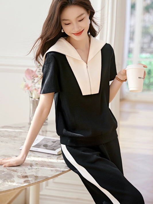 Mohan Yimei Light Urban Casual Suit 2024 Summer New Black and White Contrast Color Casual Slim Sports Suit for Women