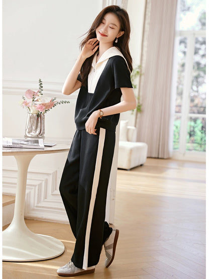 Mohan Yimei Light Urban Casual Suit 2024 Summer New Black and White Contrast Color Casual Slim Sports Suit for Women