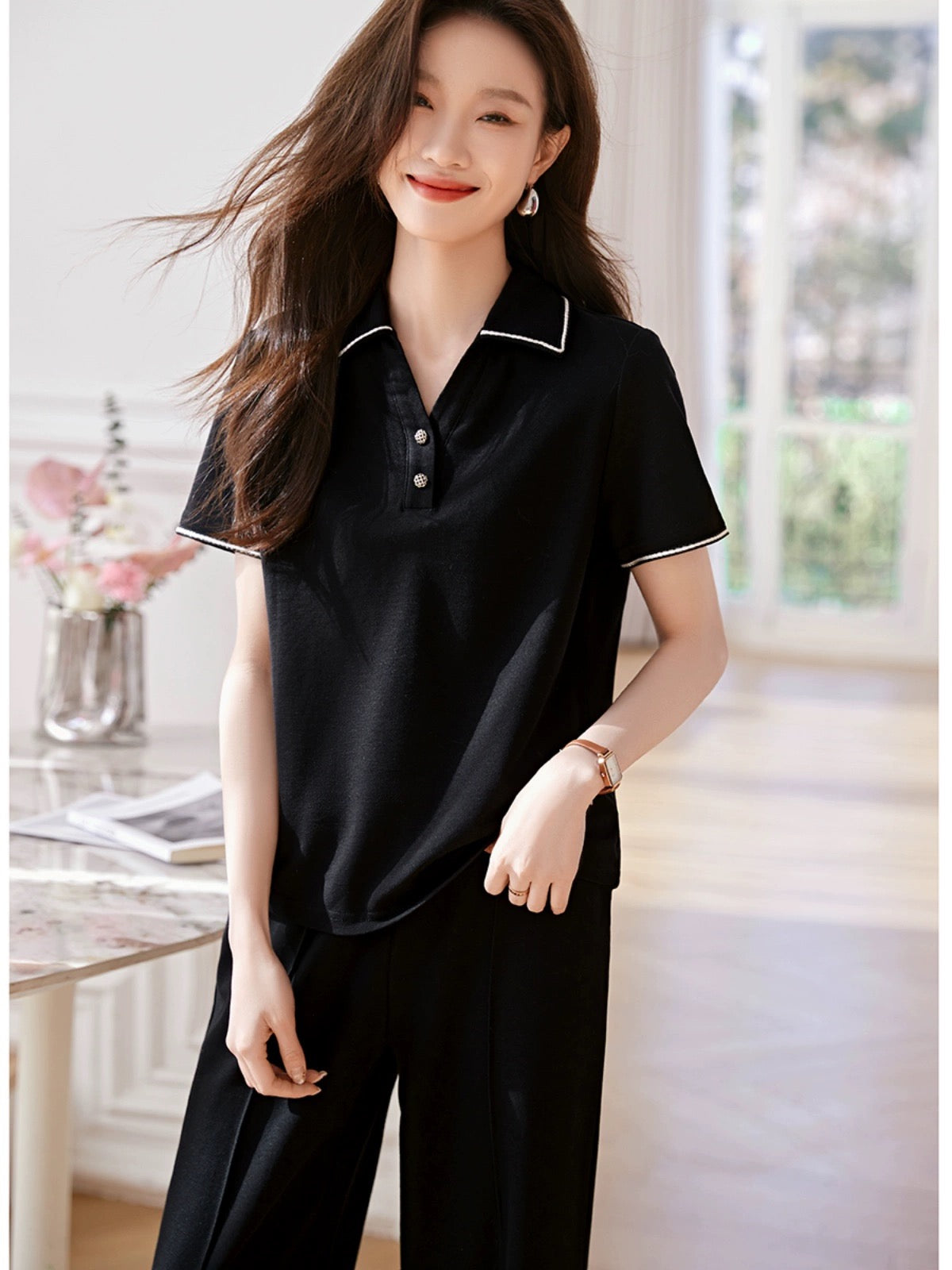 Mohan Yimei's elegant little fragrance POLO shirt T-shirt trousers suit 2024 summer new loose casual suit