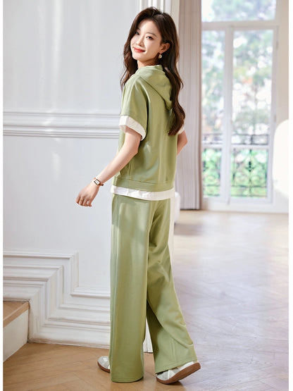 Mohan Yimei Casual and Fashionable Suit 2024 Summer New Contrast Color Fake Two-piece Hooded Two-piece Suit