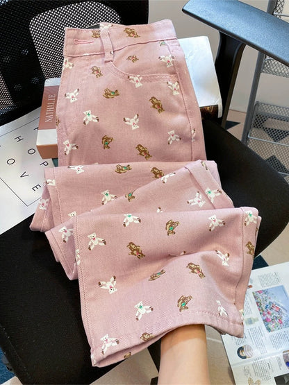 Pink sweet bear print wide leg jeans for women summer loose slimming high waist straight casual floor mopping trousers