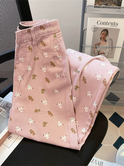 Pink sweet bear print wide leg jeans for women summer loose slimming high waist straight casual floor mopping trousers