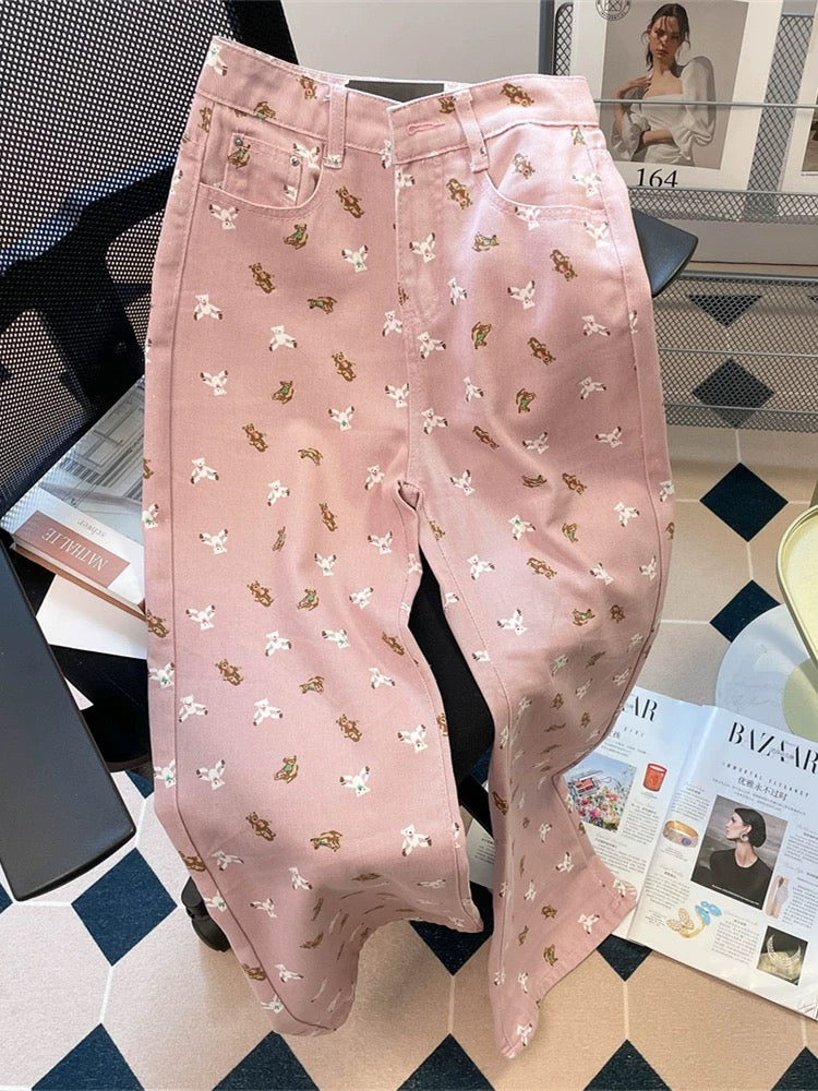 Pink sweet bear print wide leg jeans for women summer loose slimming high waist straight casual floor mopping trousers