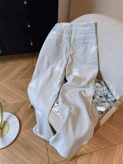 Retro blue heavy industry embroidered bear jeans for women in spring and autumn design niche unique chic straight wide leg trousers