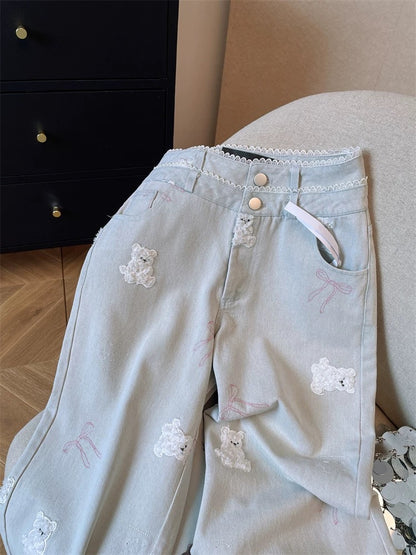 Retro blue heavy industry embroidered bear jeans for women in spring and autumn design niche unique chic straight wide leg trousers